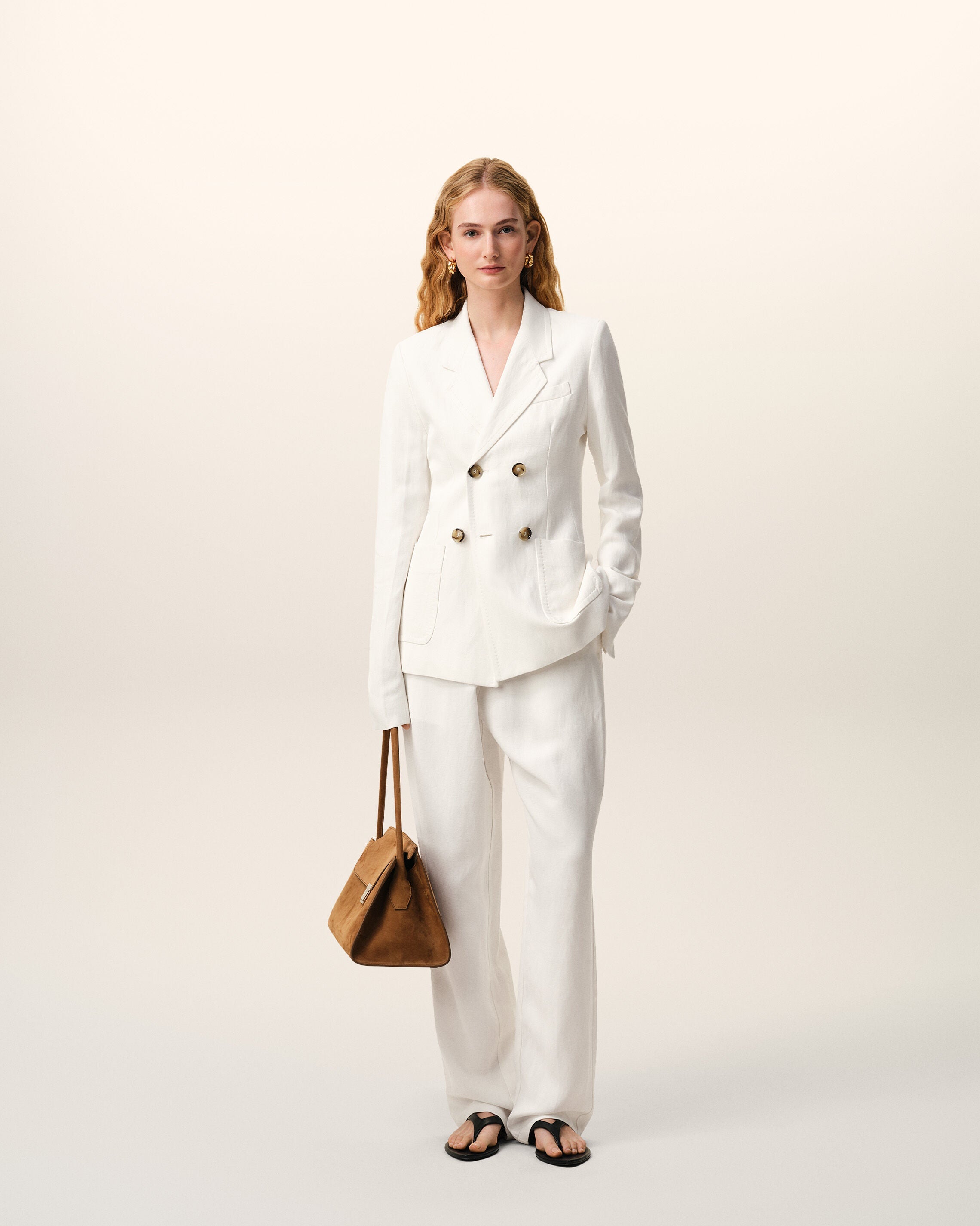 AmiParis White Blended Linen Elasticated Waist Trousers Women's