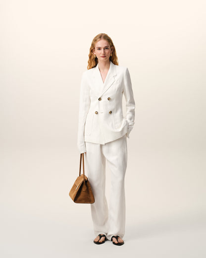 AmiParis White Blended Linen Elasticated Waist Trousers Women's