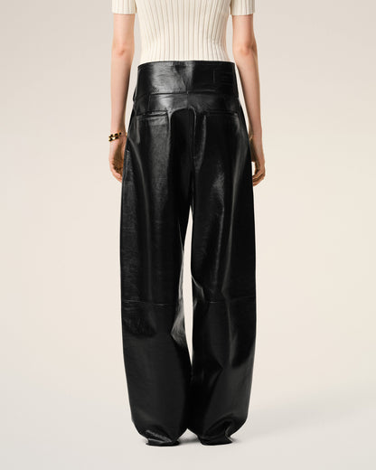 AmiParis Black Lamb Leather Wrapped Belted Trousers Women's