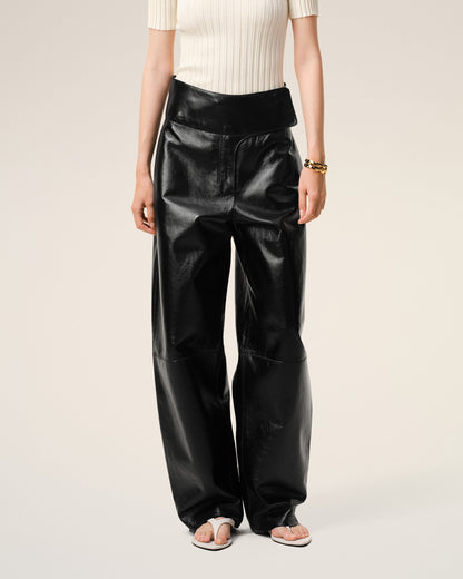 AmiParis Black Lamb Leather Wrapped Belted Trousers Women's