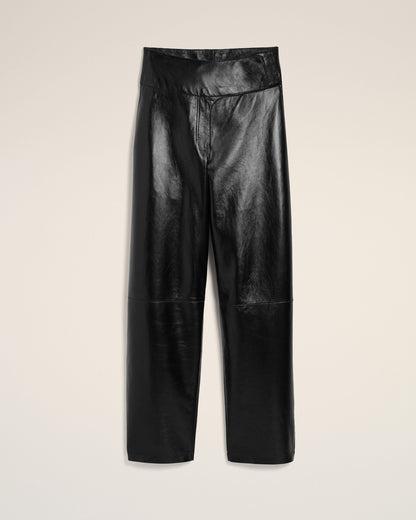 AmiParis Black Lamb Leather Wrapped Belted Trousers Women's