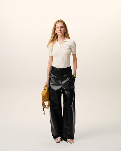 AmiParis Black Lamb Leather Wrapped Belted Trousers Women's