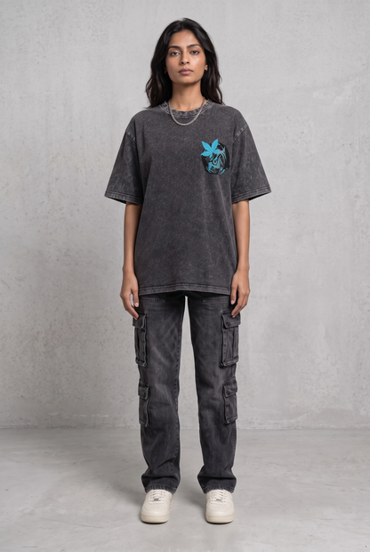OWL VISION DARK GREY ACIDWASH WOMEN’S OVERSIZED T-SHIRT