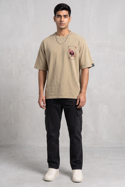 SPADE OF SECRETS BEIGE ACIDWASH MEN’S OVERSIZED T-SHIRT