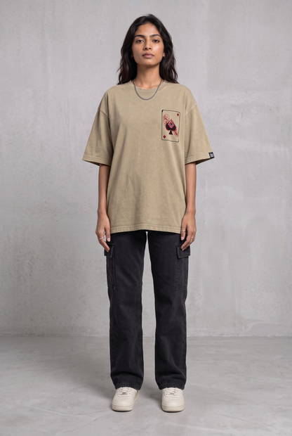 SPADE OF SECRETS BEIGE ACIDWASH WOMEN’S OVERSIZED T-SHIRT