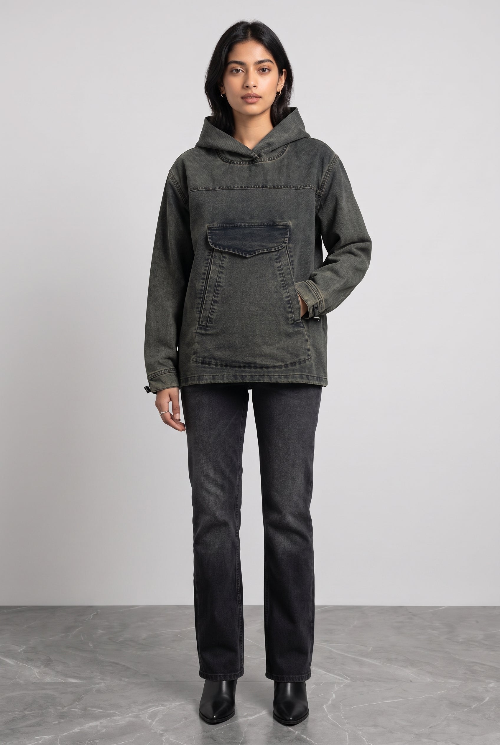 ACID WASH DENIM WOMEN'S HOODIE