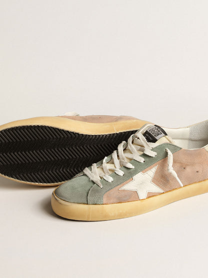 Golden Goose Mens Super-Star In Brown And Green Suede With White Nappa Leather Star Mens