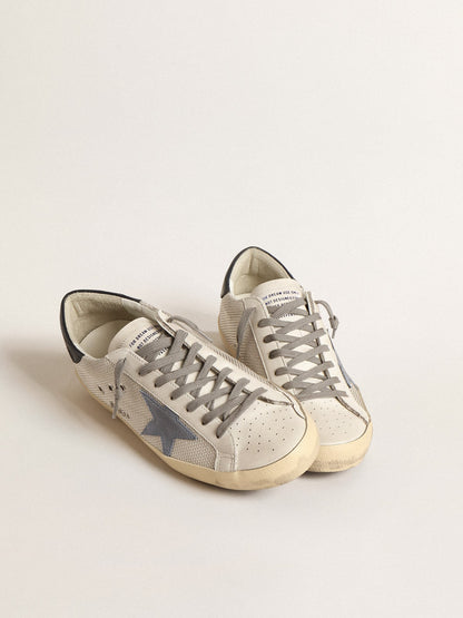 Golden Goose Super-Star In Pale Silver Mesh With Light Blue Suede Star Mens