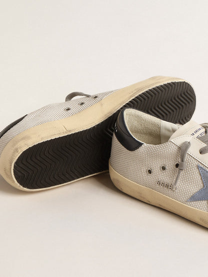 Golden Goose Super-Star In Pale Silver Mesh With Light Blue Suede Star Mens