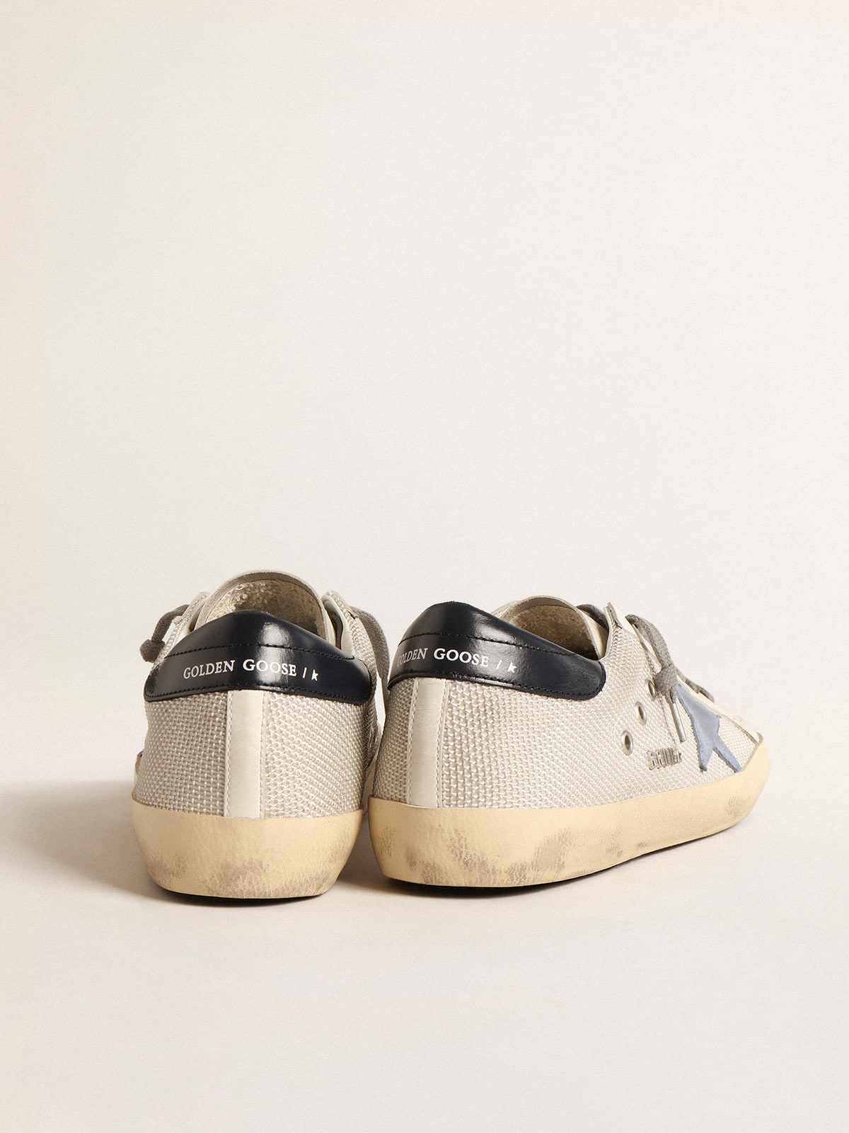 Golden Goose Super-Star In Pale Silver Mesh With Light Blue Suede Star Mens