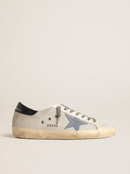 Golden Goose Super-Star In Pale Silver Mesh With Light Blue Suede Star Mens