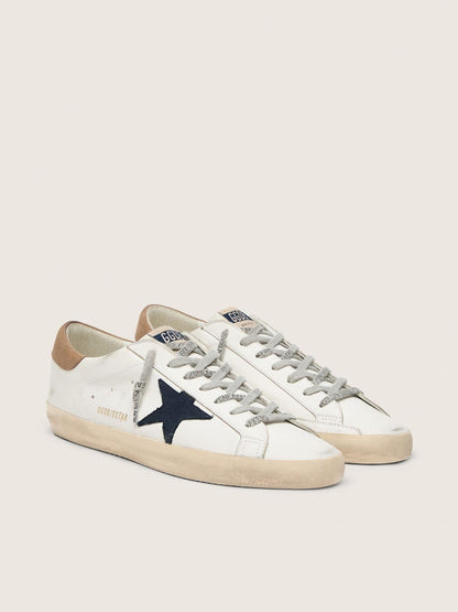 Golden Goose Mens Super-Star In White Leather With Midnight-Blue Canvas Star And Tobacco Leather Heel Tab Mens