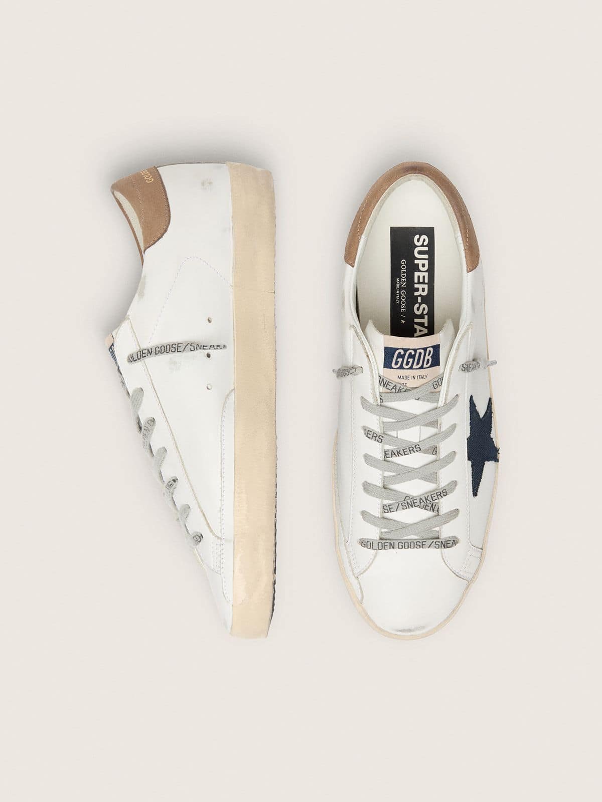 Golden Goose Mens Super-Star In White Leather With Midnight-Blue Canvas Star And Tobacco Leather Heel Tab Mens