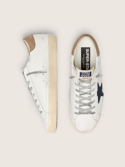 Golden Goose Mens Super-Star In White Leather With Midnight-Blue Canvas Star And Tobacco Leather Heel Tab Mens