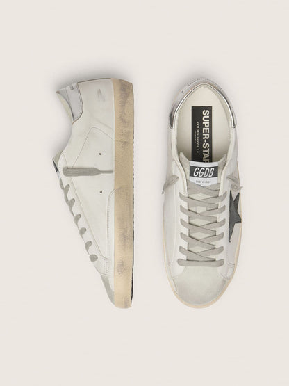 Golden Goose Mens Super-Star In White Leather With Black Nubuck Star And Silver Metallic Leather Heel Tab Mens