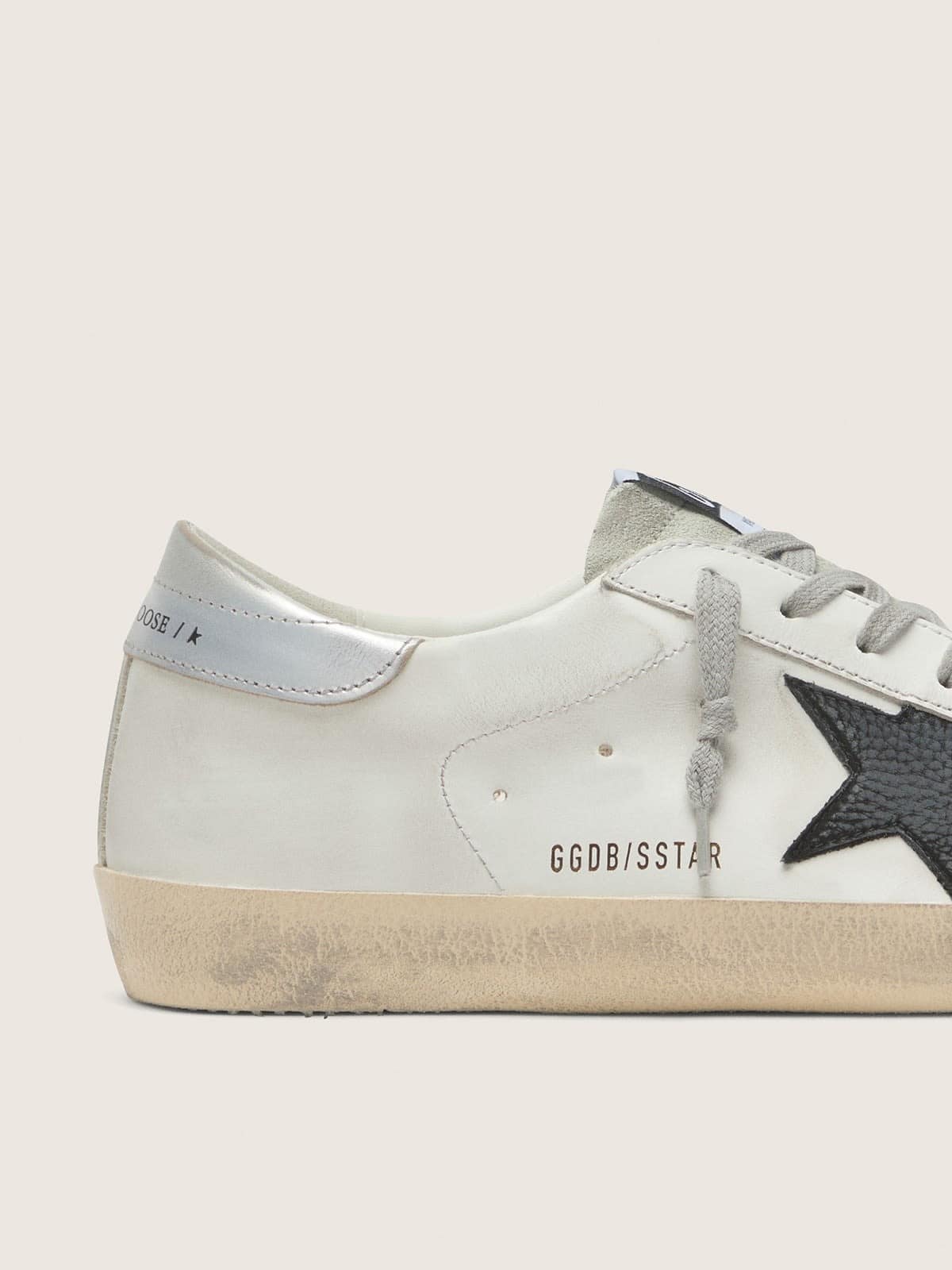 Golden Goose Mens Super-Star In White Leather With Black Nubuck Star And Silver Metallic Leather Heel Tab Mens