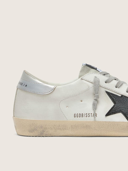 Golden Goose Mens Super-Star In White Leather With Black Nubuck Star And Silver Metallic Leather Heel Tab Mens