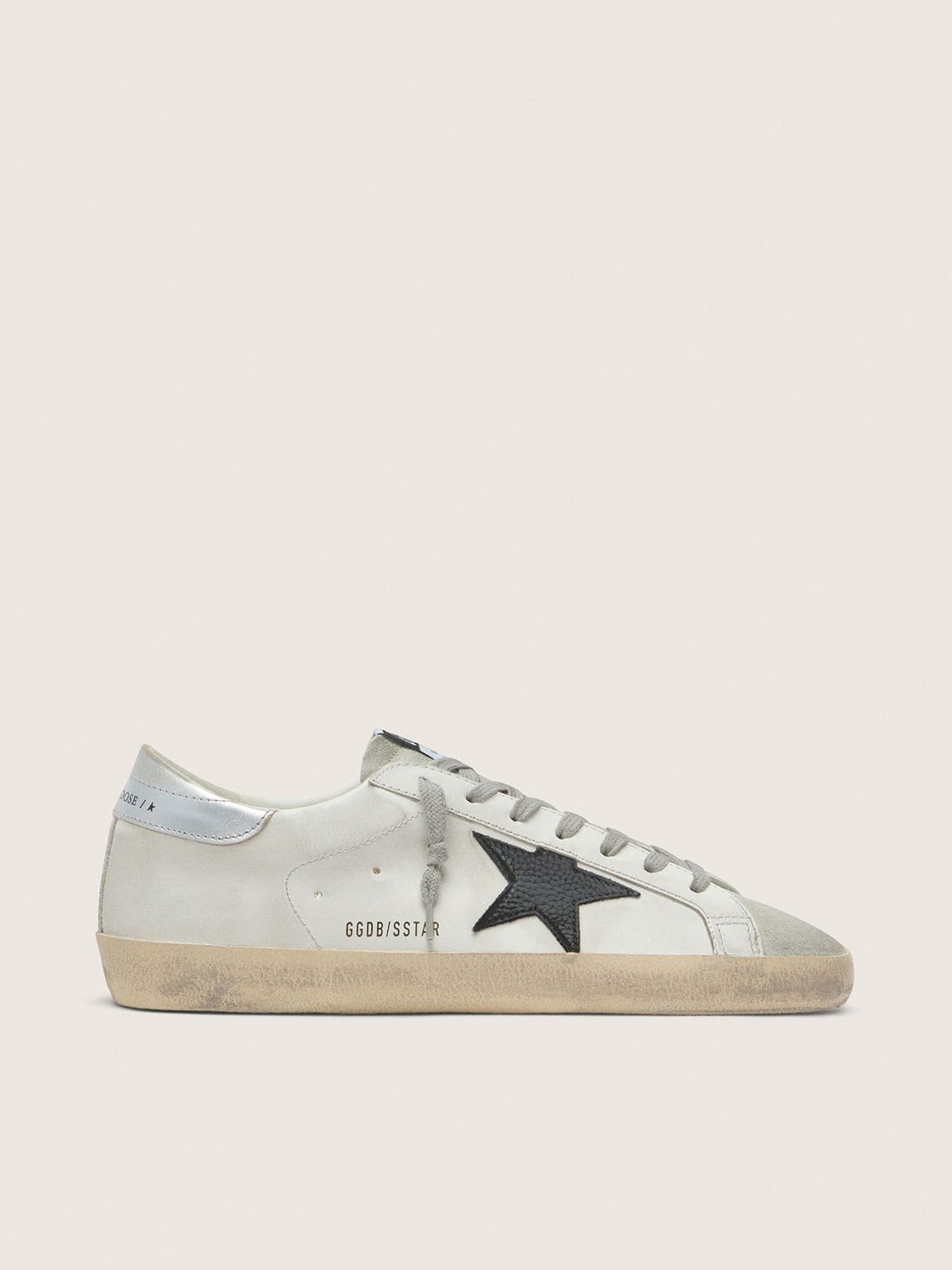 Golden Goose Mens Super-Star In White Leather With Black Nubuck Star And Silver Metallic Leather Heel Tab Mens