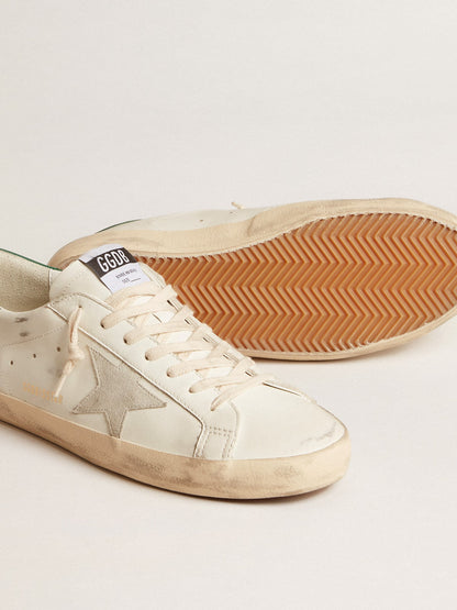 Golden Goose Super-Star In White Leather With Ice-Gray Suede Star And Green Leather Heel Tab Mens