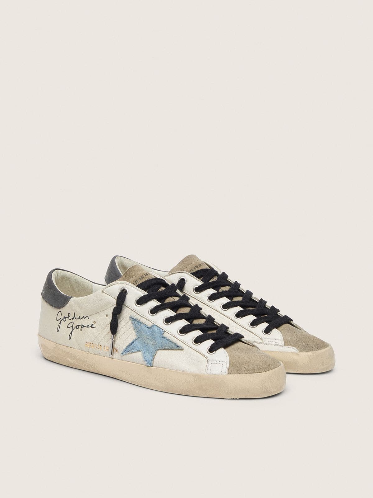 Golden Goose Super-Star In Nappa Leather With Light Blue Suede Star And Gray Leather Heel Tab Mens