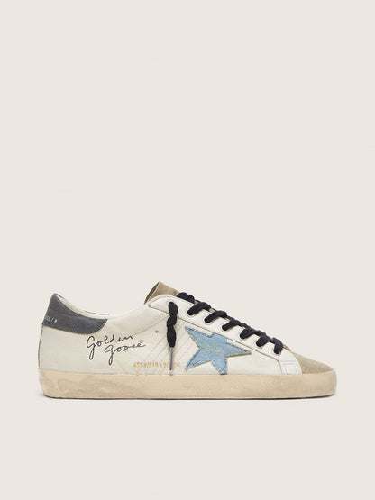 Golden Goose Super-Star In Nappa Leather With Light Blue Suede Star And Gray Leather Heel Tab Mens