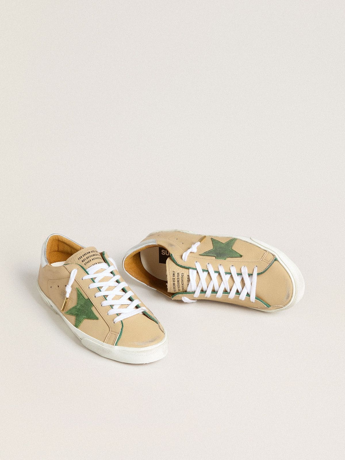 Golden Goose Super-Star Ltd In Beige Leather With Green Suede Star And Silver Foiled Leather Heel Tab Mens