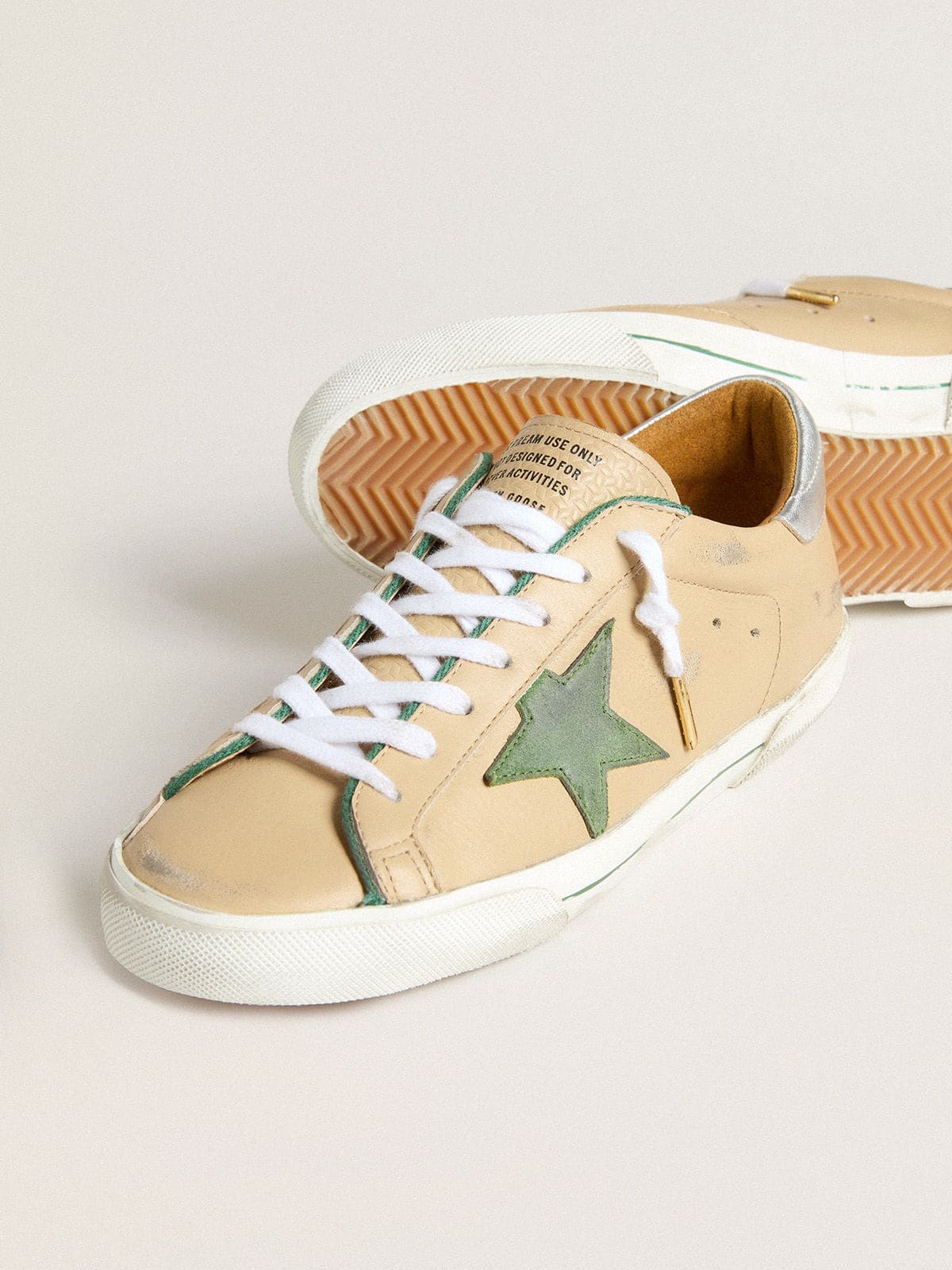 Golden Goose Super-Star Ltd In Beige Leather With Green Suede Star And Silver Foiled Leather Heel Tab Mens