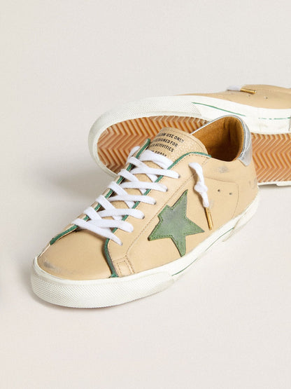 Golden Goose Super-Star Ltd In Beige Leather With Green Suede Star And Silver Foiled Leather Heel Tab Mens