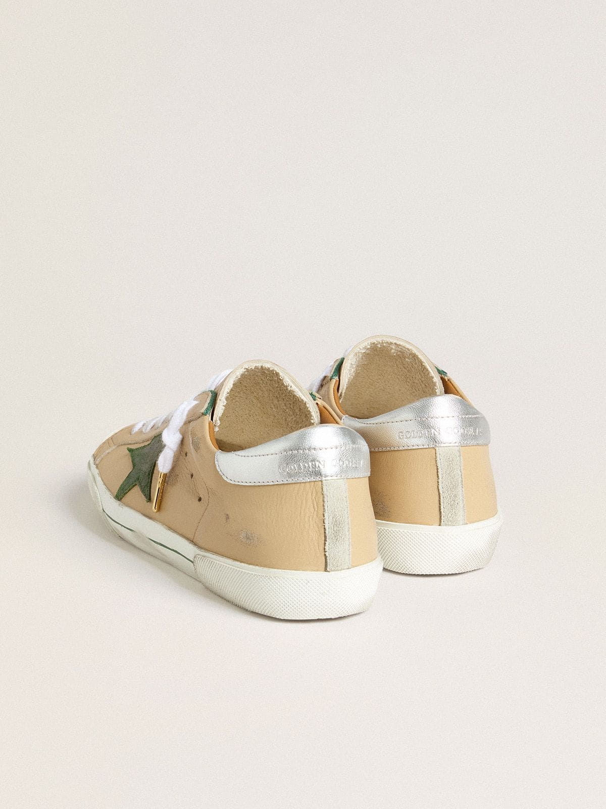 Golden Goose Super-Star Ltd In Beige Leather With Green Suede Star And Silver Foiled Leather Heel Tab Mens