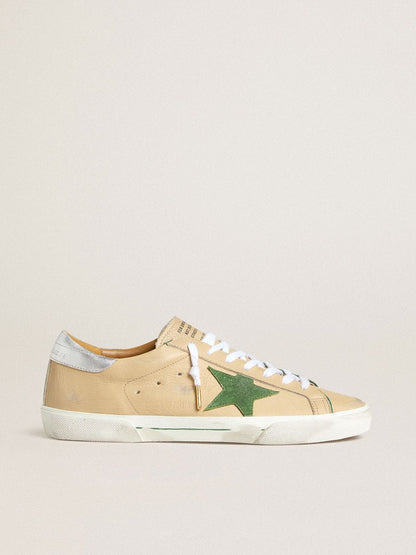 Golden Goose Super-Star Ltd In Beige Leather With Green Suede Star And Silver Foiled Leather Heel Tab Mens