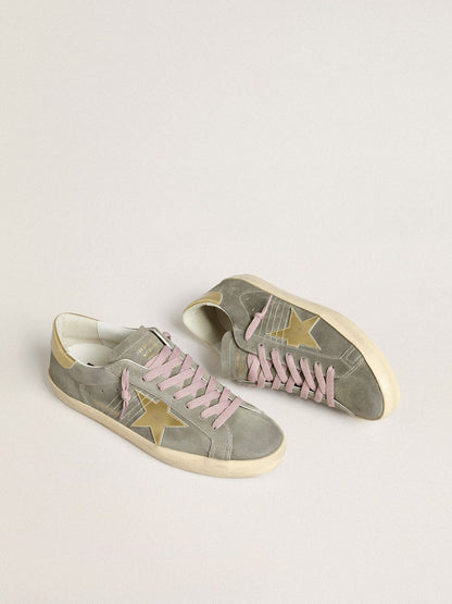 Golden Goose Mens Super-Star In Gray Suede With Gold Metallic Leather Star And Heel Tab Mens