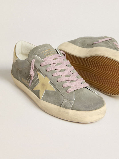 Golden Goose Mens Super-Star In Gray Suede With Gold Metallic Leather Star And Heel Tab Mens