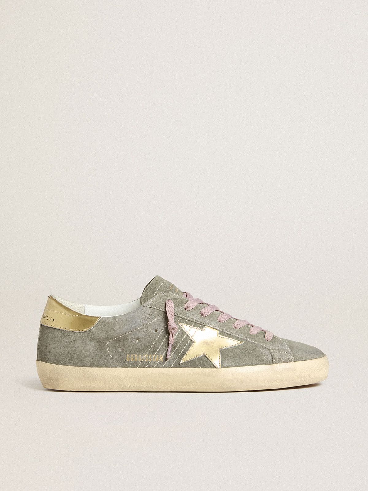 Golden Goose Mens Super-Star In Gray Suede With Gold Metallic Leather Star And Heel Tab Mens