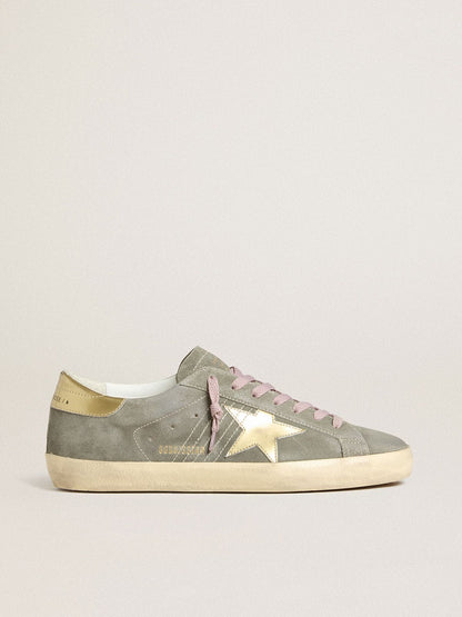 Golden Goose Mens Super-Star In Gray Suede With Gold Metallic Leather Star And Heel Tab Mens