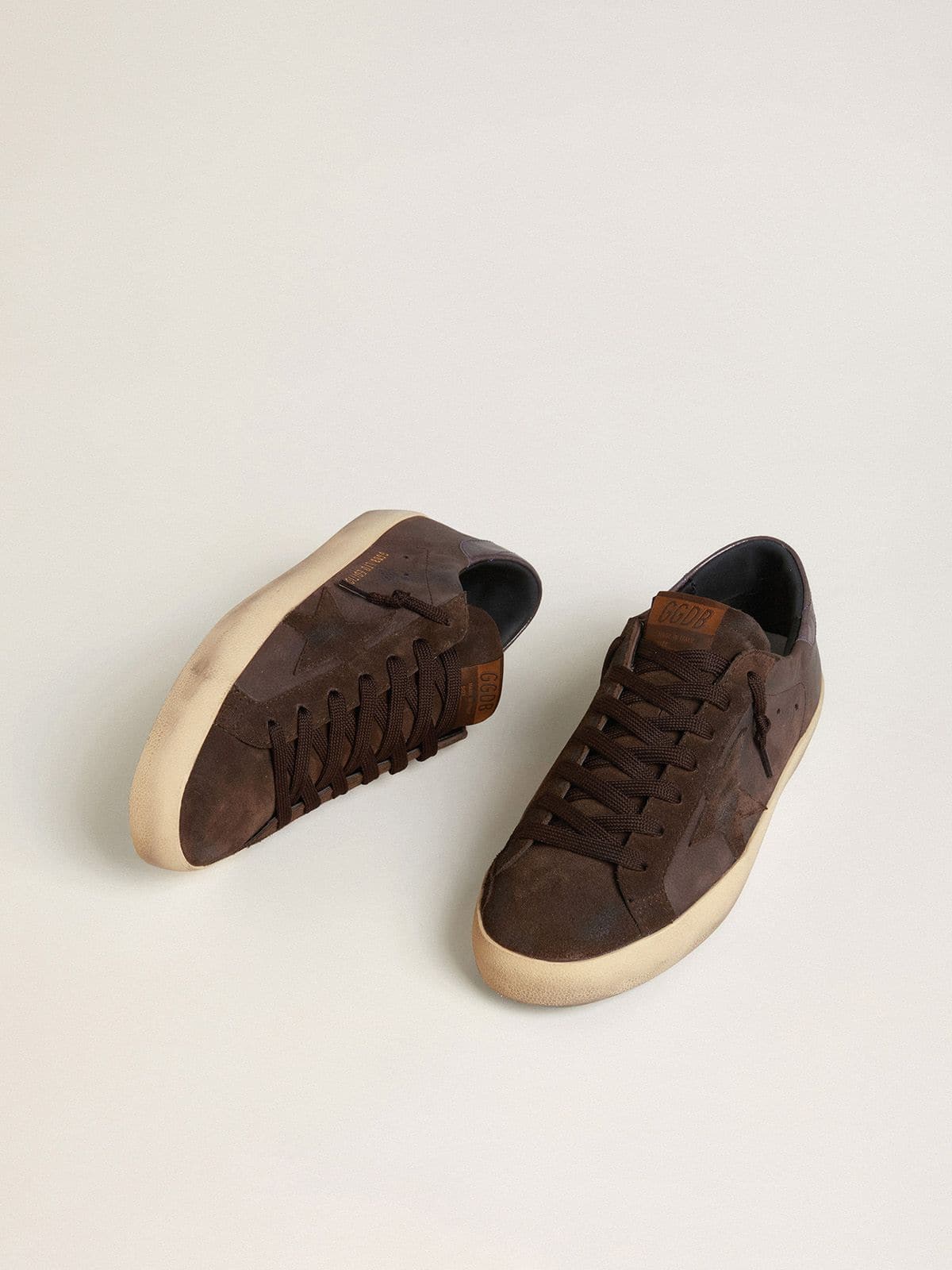 Golden Goose Mens Super-Star Ltd In Brown Nubuck With Suede Star And Purple Leather Heel Tab Mens