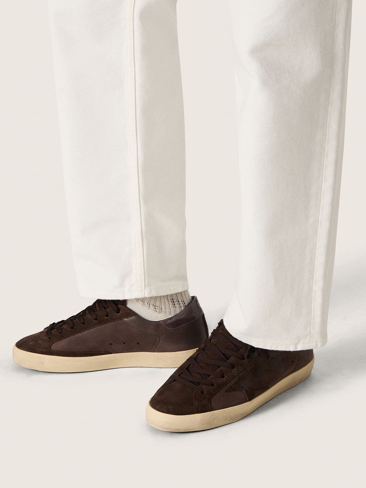 Golden Goose Mens Super-Star Ltd In Brown Nubuck With Suede Star And Purple Leather Heel Tab Mens