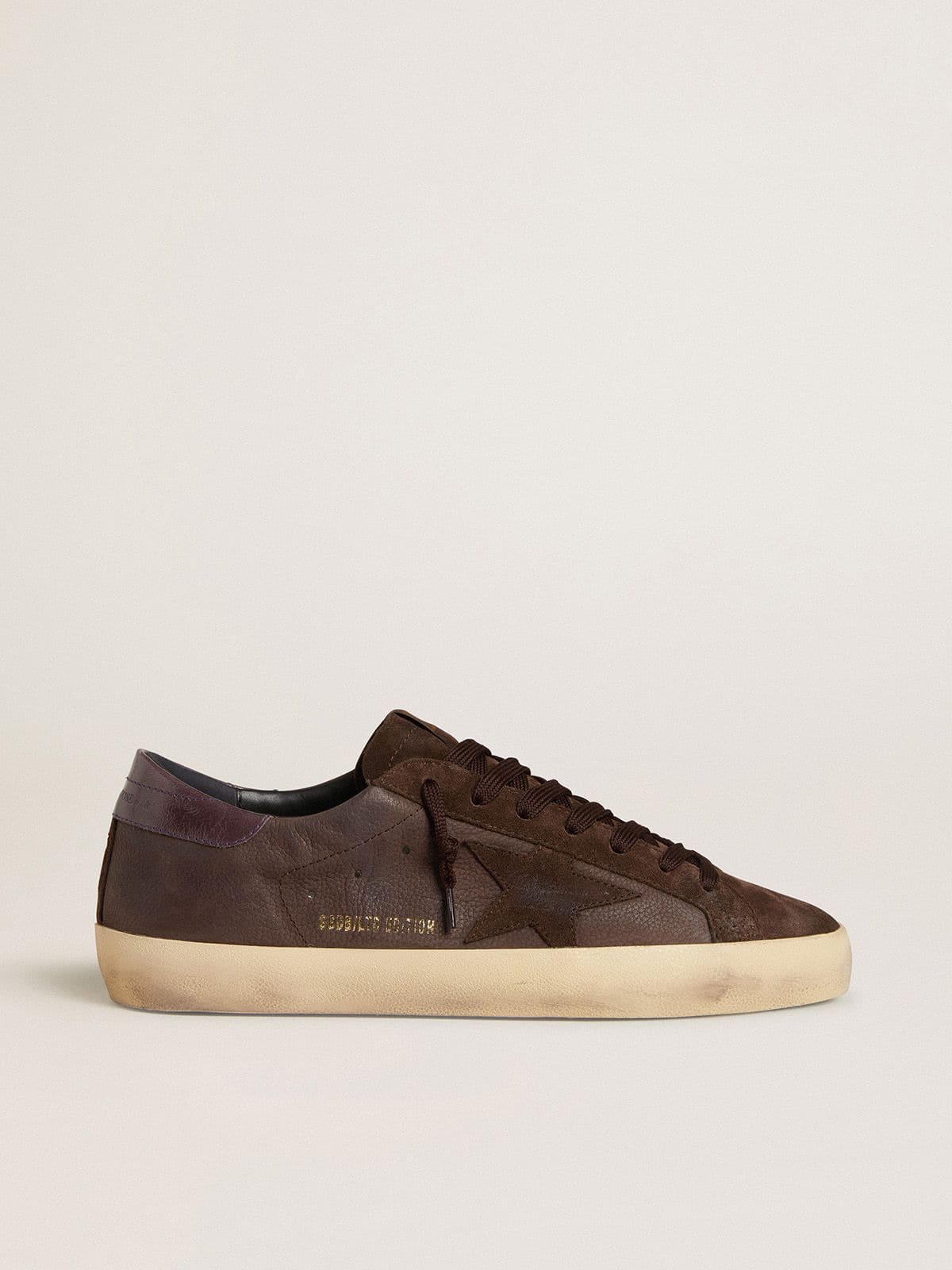 Golden Goose Mens Super-Star Ltd In Brown Nubuck With Suede Star And Purple Leather Heel Tab Mens