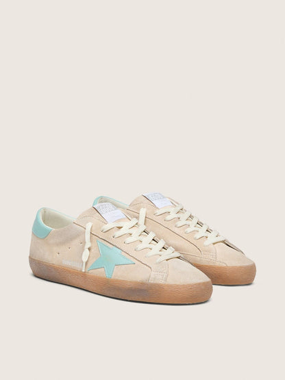 Golden Goose Mens Super-Star In Beige Suede With Aqua-Green Star Mens