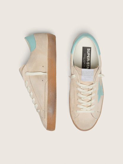 Golden Goose Mens Super-Star In Beige Suede With Aqua-Green Star Mens