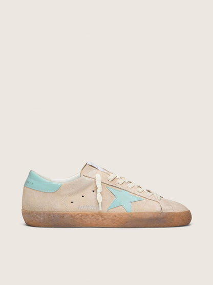 Golden Goose Mens Super-Star In Beige Suede With Aqua-Green Star Mens