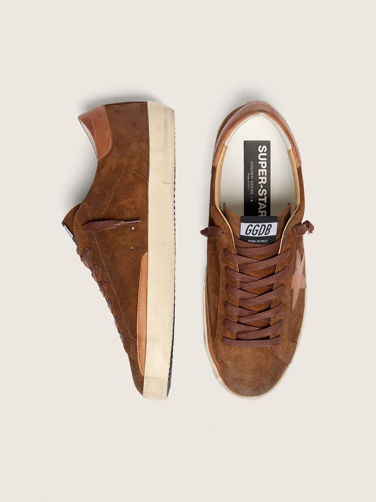 Golden Goose Mens Super-Star Ltd In Brown Suede With Brick-Red Leather Star And Embroidery With Green Beads Mens