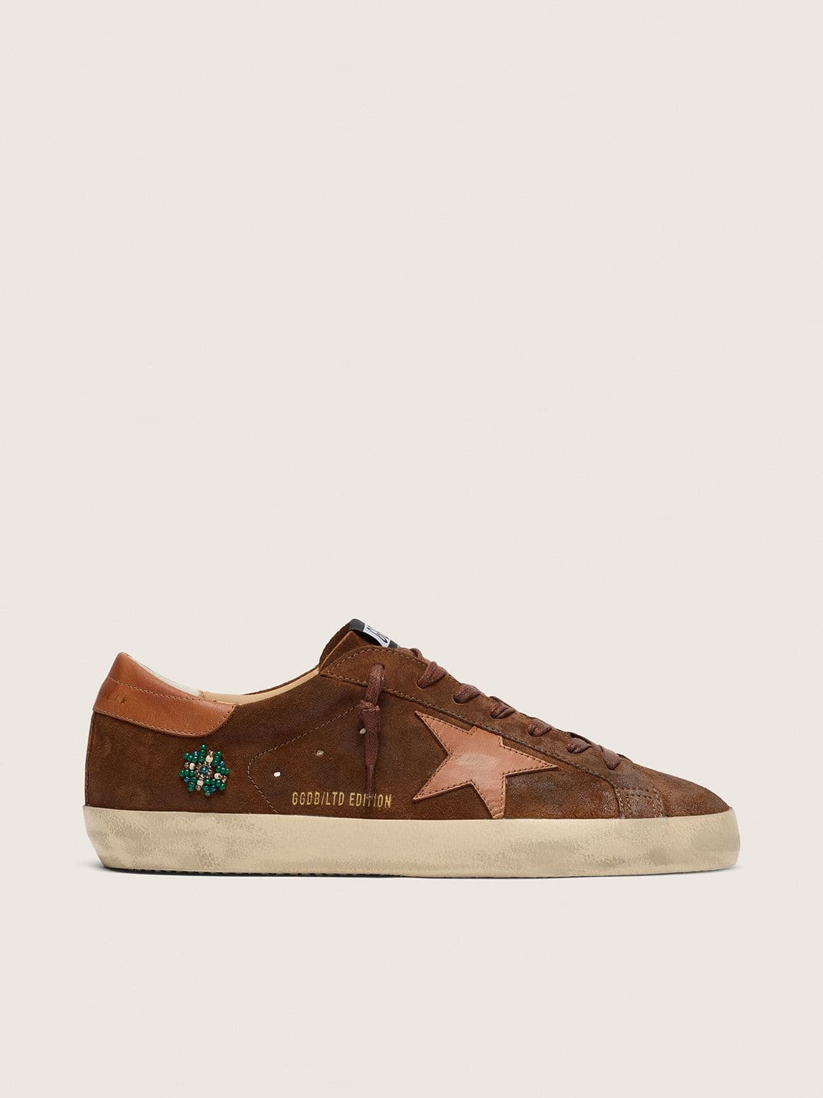Golden Goose Mens Super-Star Ltd In Brown Suede With Brick-Red Leather Star And Embroidery With Green Beads Mens