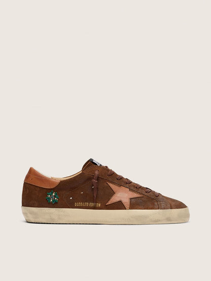 Golden Goose Mens Super-Star Ltd In Brown Suede With Brick-Red Leather Star And Embroidery With Green Beads Mens