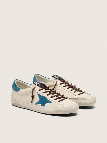 Golden Goose Mens Super-Star In White Leather With Turquoise Suede Star Mens