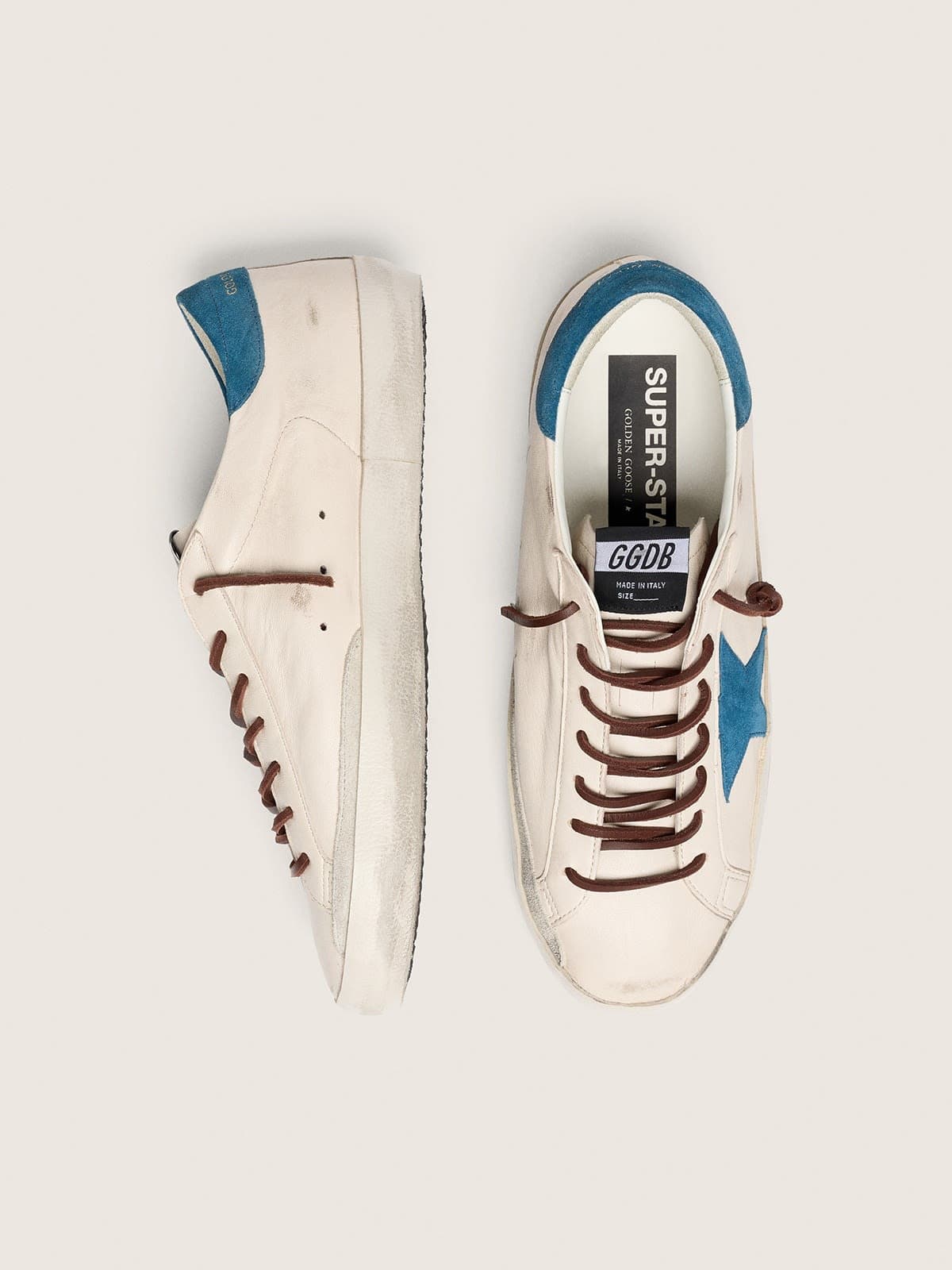Golden Goose Mens Super-Star In White Leather With Turquoise Suede Star Mens