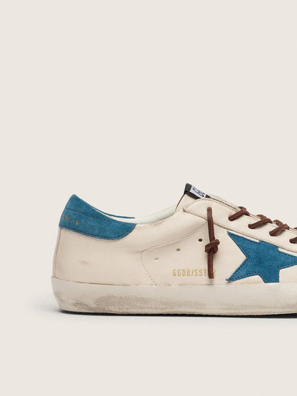 Golden Goose Mens Super-Star In White Leather With Turquoise Suede Star Mens