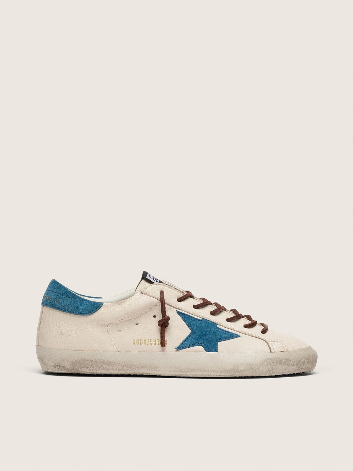 Golden Goose Mens Super-Star In White Leather With Turquoise Suede Star Mens