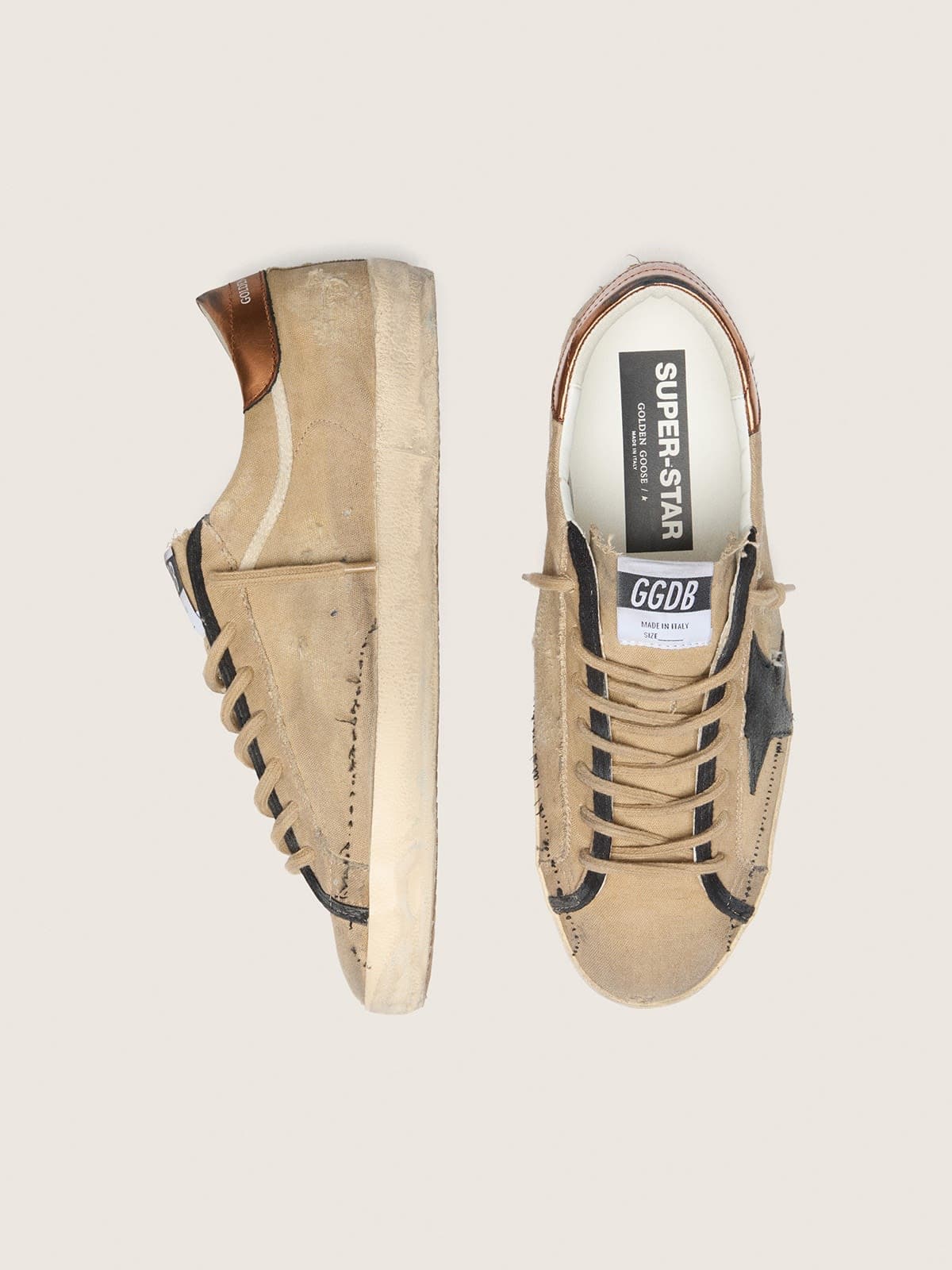 Golden Goose Mens Super-Star Ltd In Beige Canvas With Black Leather Star Mens
