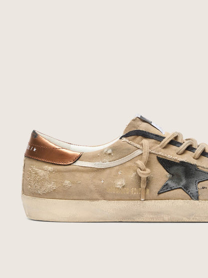 Golden Goose Mens Super-Star Ltd In Beige Canvas With Black Leather Star Mens