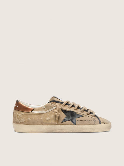 Golden Goose Mens Super-Star Ltd In Beige Canvas With Black Leather Star Mens